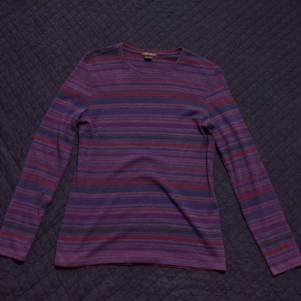 Eddie Bauer T-Shirt Womens L Purple Striped Crew Neck Long Sleeve ribbed trim